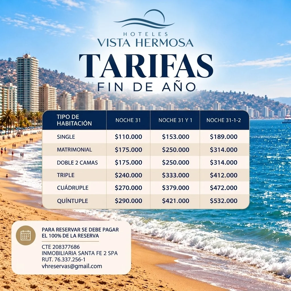Tarifas fin de año 2027 Hoteles Vista Hermosa: noche 31, noches 31 y 1, y noches 31, 1 y 2 para habitaciones single, matrimonial, doble, triple, cuádruple y quíntuple